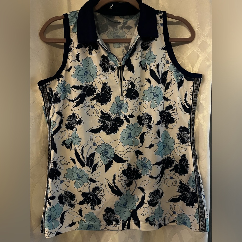 EP Pro New York Womens Stencil Floral Sleeveless Golf Polo Shirt Size S Blue
